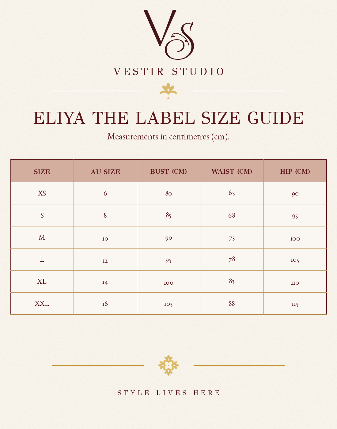 Eliya the Label women’s size guide showing bust, waist and hip measurements in centimetres for sizes XS to XXL.