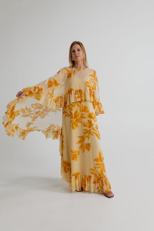 Monsoon Joanna Ruffle Cape Maxi showing the sheer floral cape extended to highlight the draped shape and ruffled edging.