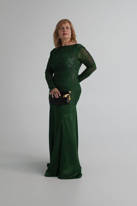 One Fell Swoop New Order deep green floral maxi dress with long sheer sleeves and flowing satin skirt, styled with the JW Pei Holly black embellished clutch.