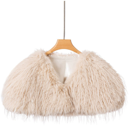 The Two Mrs Grenvilles ivory faux fur shrug on a hanger showing the cropped shape, open front and soft long-pile faux fur finish.