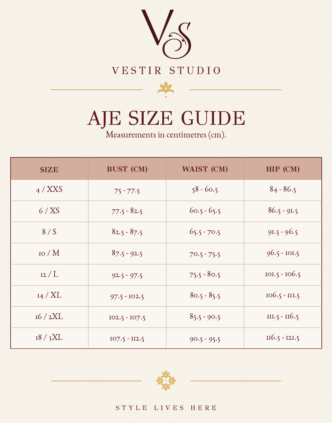 AJE women’s size guide showing bust, waist and hip measurements in centimetres for sizes 4 to 18.