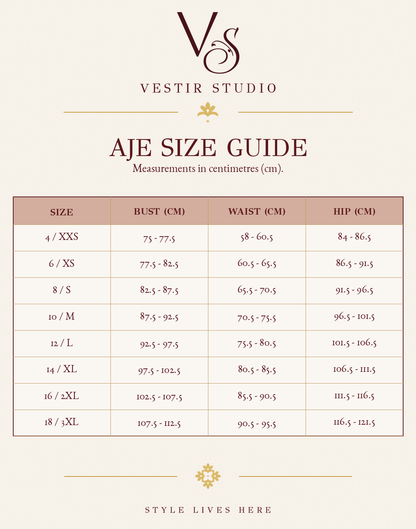 AJE women’s size guide showing bust, waist and hip measurements in centimetres for sizes 4 to 18.