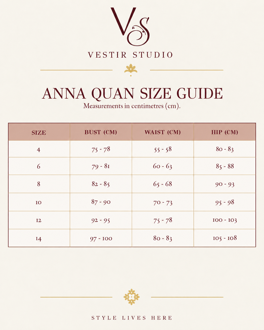 Anna Quan women’s size guide showing AU/UK sizes 4 to 14 with bust, waist and hip measurements in centimetres.