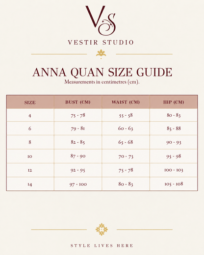 Anna Quan women’s size guide showing AU/UK sizes 4 to 14 with bust, waist and hip measurements in centimetres.