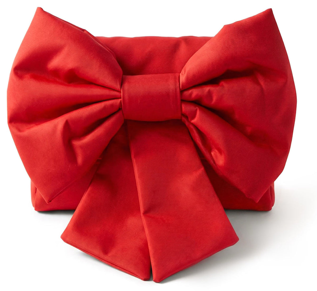 Concept à Trois red bow clutch bag with oversized satin bow, front view. 
