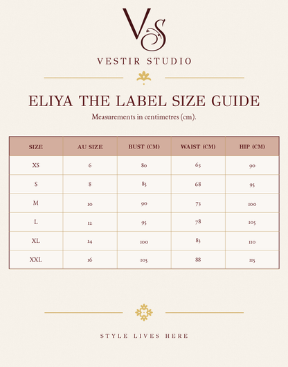 Eliya the Label women’s size guide showing bust, waist and hip measurements in centimetres for sizes XS to XXL.
