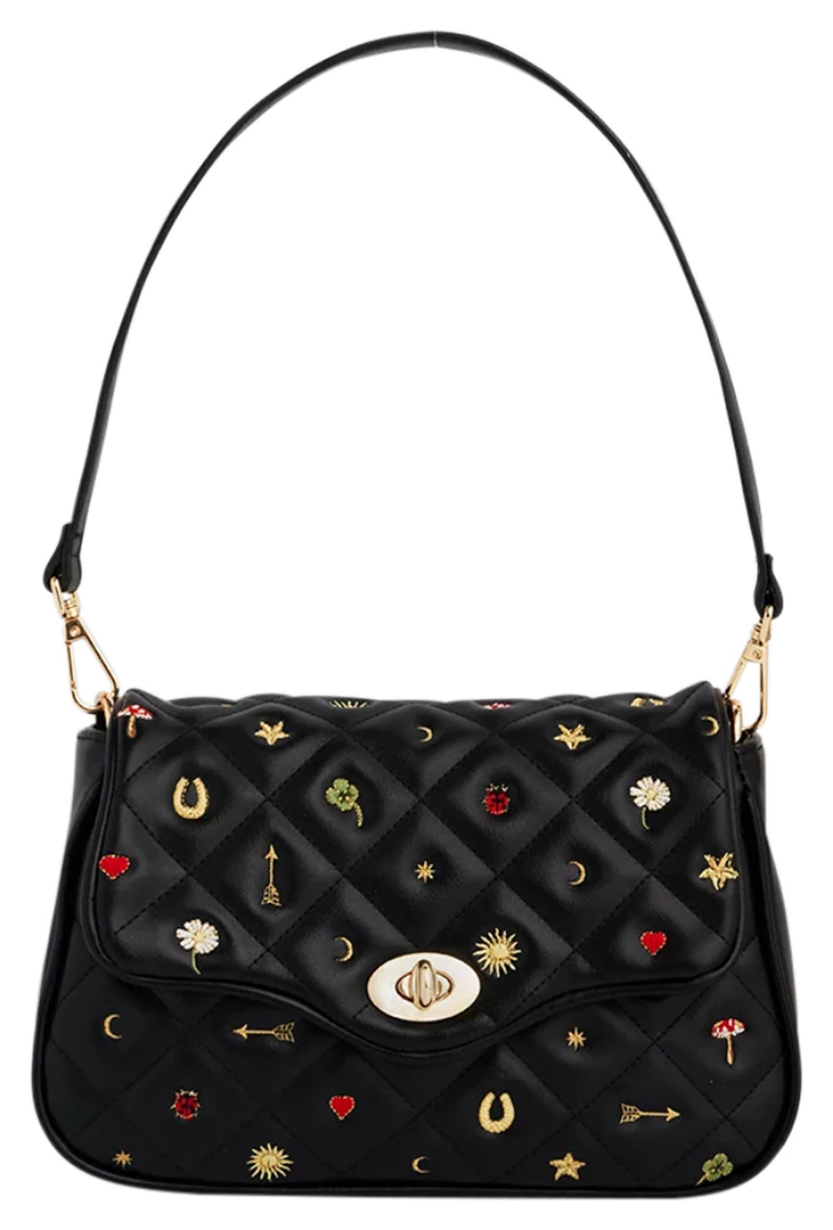 Fable England Mary black motif quilted clutch with embroidered details and short shoulder strap, front view. 

