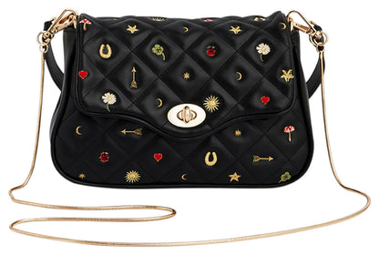 Fable England Mary black quilted crossbody clutch with embroidered motifs and long gold-tone chain strap. 
