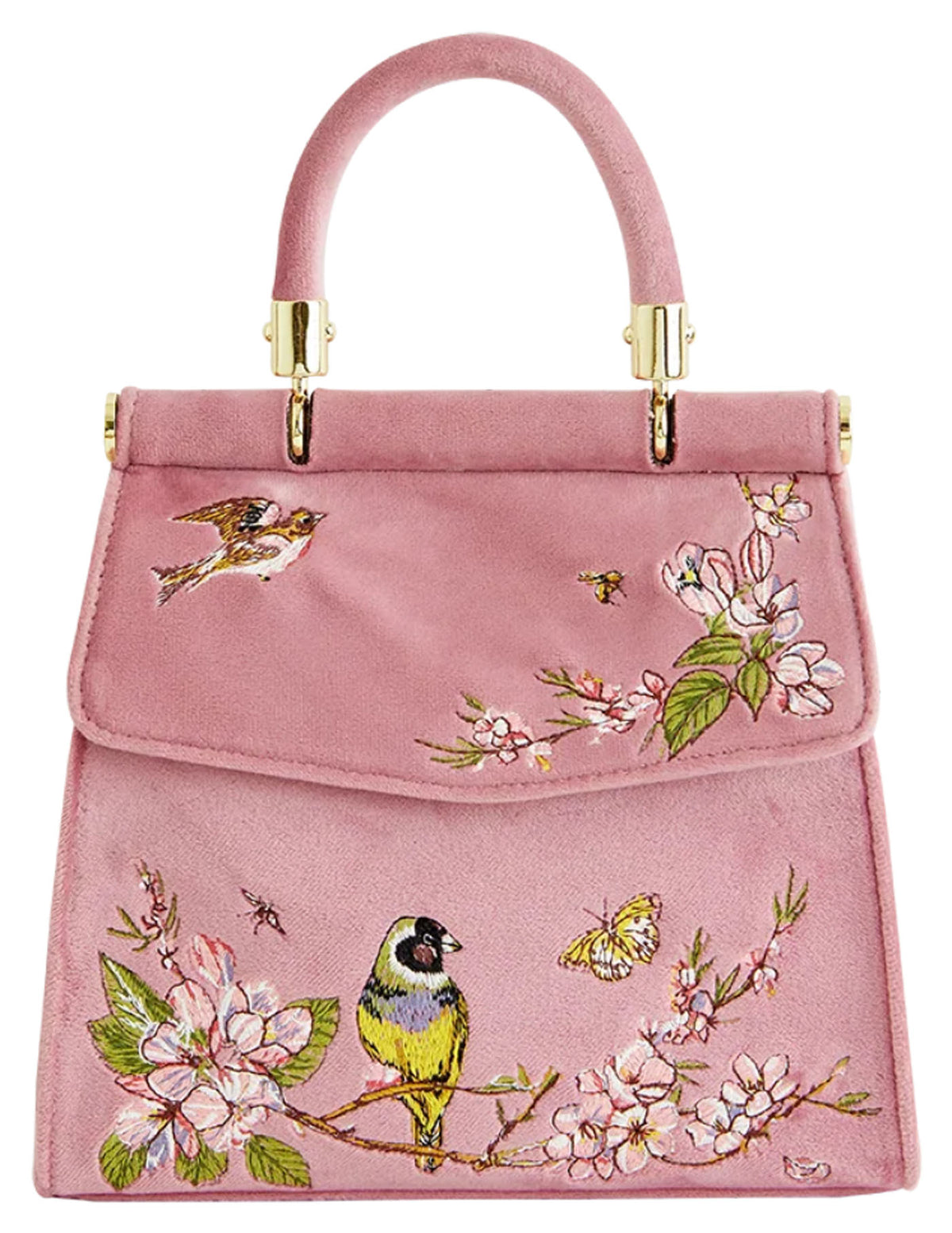 Fable England Morning Song dusty pink mini tote with embroidered birds, blossoms and gold-tone top handle, front view. 
