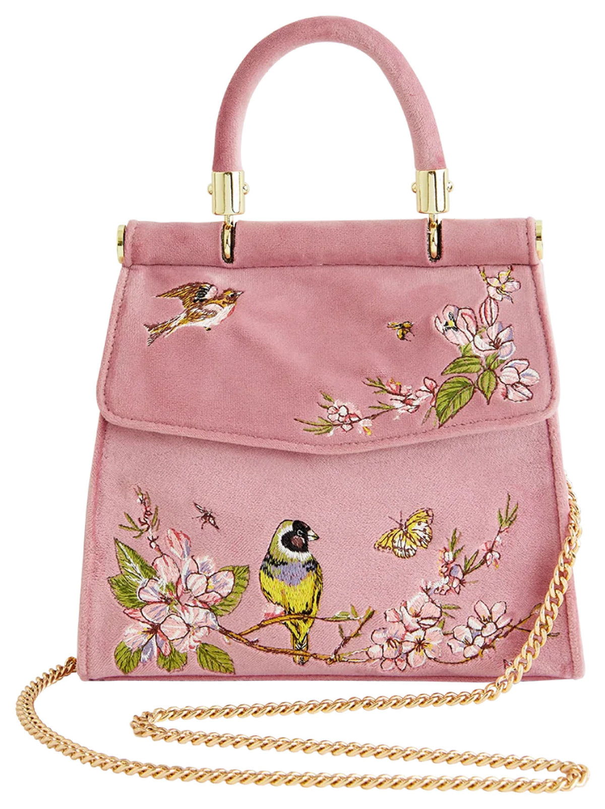 Fable England Morning Song dusty pink bird embroidered mini tote with detachable gold-tone chain strap. 
