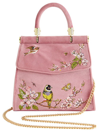 Fable England Morning Song dusty pink bird embroidered mini tote with detachable gold-tone chain strap. 

