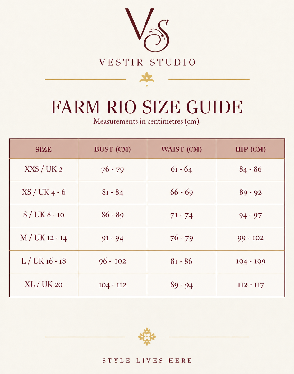 Farm Rio women’s size guide showing sizes XXS to XL with UK size equivalents and bust, waist and hip measurements in centimetres.
