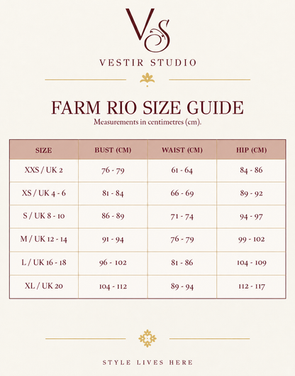 Farm Rio women’s size guide showing sizes XXS to XL with UK size equivalents and bust, waist and hip measurements in centimetres.
