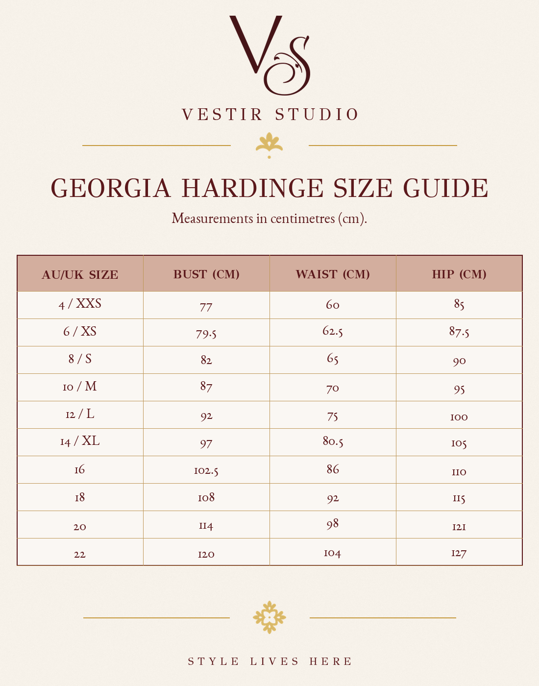 Georgia Hardinge size guide showing bust, waist and hip measurements in centimetres with UK numeric sizes and AU size equivalents.
