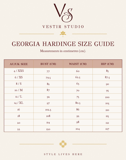 Georgia Hardinge size guide showing bust, waist and hip measurements in centimetres with UK numeric sizes and AU size equivalents.
