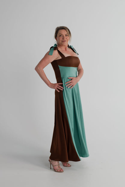 IQ Collection Carmen Midi in aqua and chocolate colour-blocking, featuring tie shoulder straps, a square neckline and flowing A-line skirt.
