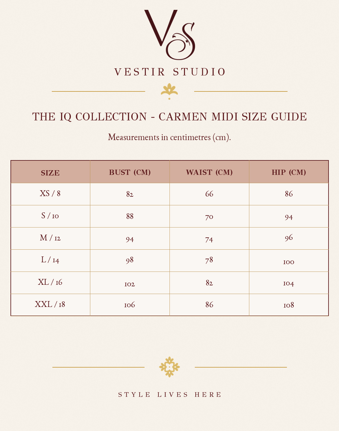 The IQ Collection Carmen Midi size guide showing sizes XS/8 to XXL/18 with bust, waist and hip measurements in centimetres.
