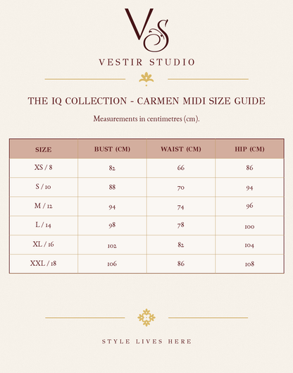 The IQ Collection Carmen Midi size guide showing sizes XS/8 to XXL/18 with bust, waist and hip measurements in centimetres.
