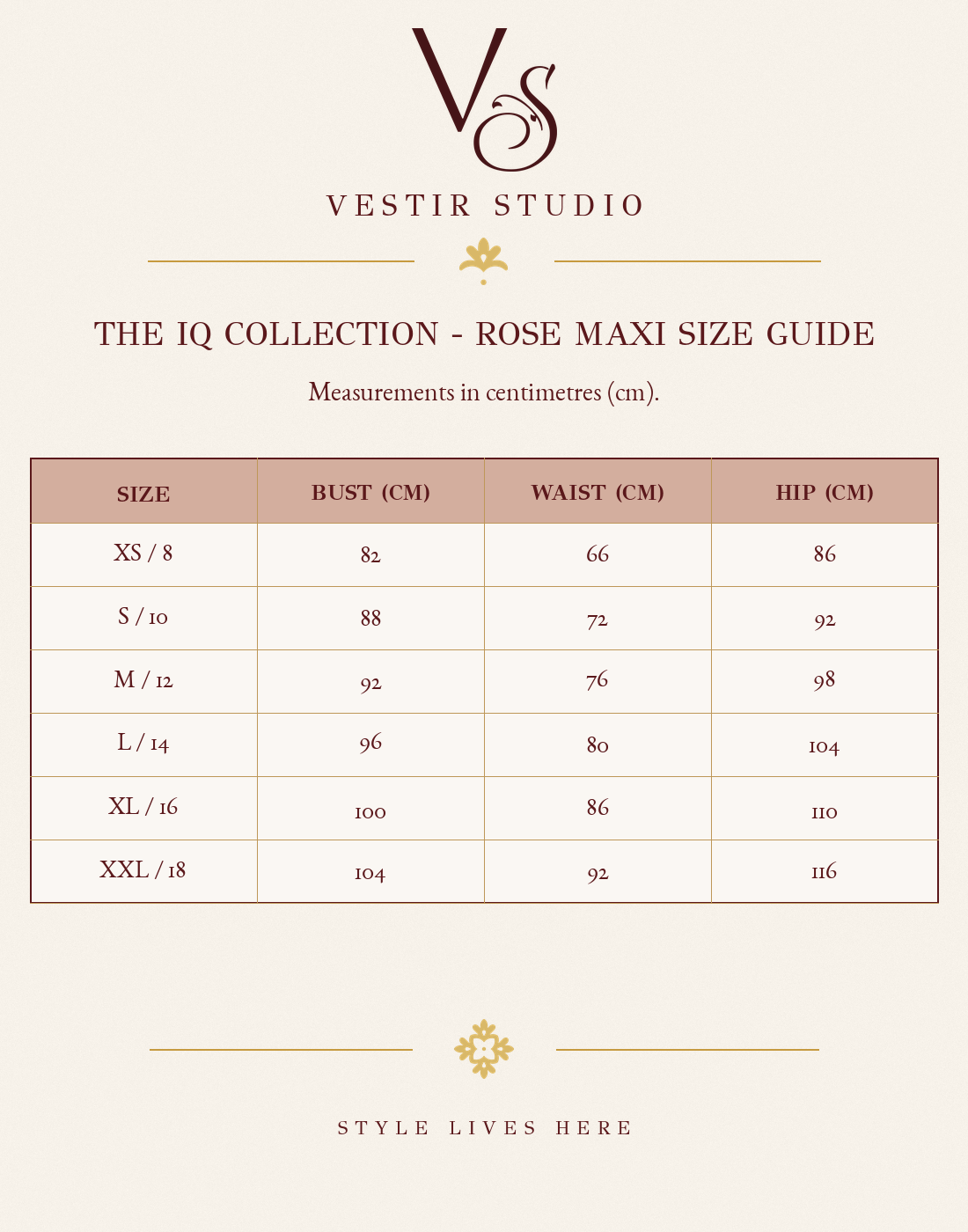 The IQ Collection Rose Maxi size guide showing sizes XS/8 to XXL/18 with bust, waist and hip measurements in centimetres.
