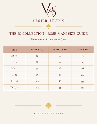 The IQ Collection Rose Maxi size guide showing sizes XS/8 to XXL/18 with bust, waist and hip measurements in centimetres.
