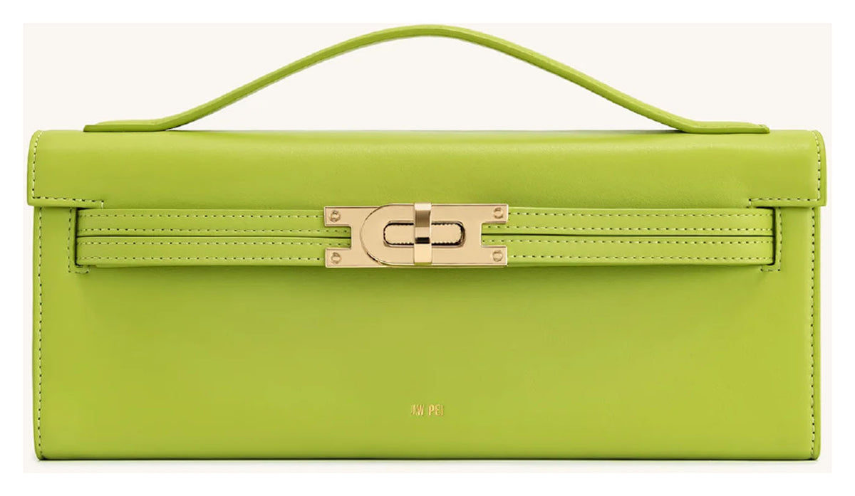 JW Pei Bria chartreuse structured top handle bag with gold-tone turn-lock hardware, front view. 
