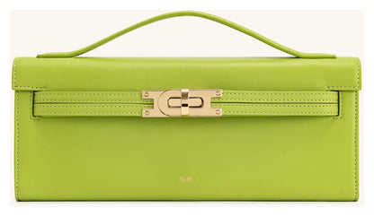 JW Pei Bria chartreuse structured top handle bag with gold-tone turn-lock hardware, front view. 
