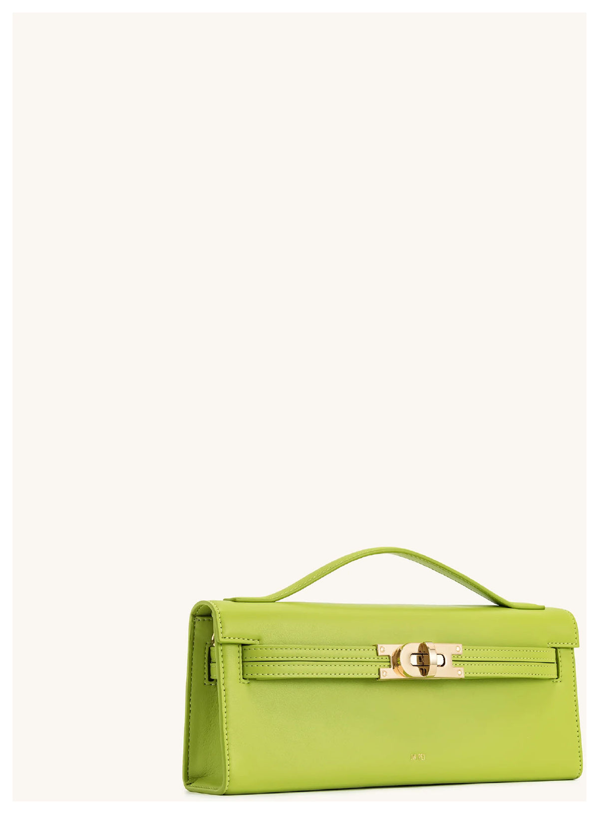 Angled side view of JW Pei Bria chartreuse structured top handle bag showing the slim rectangular profile and top handle. 
