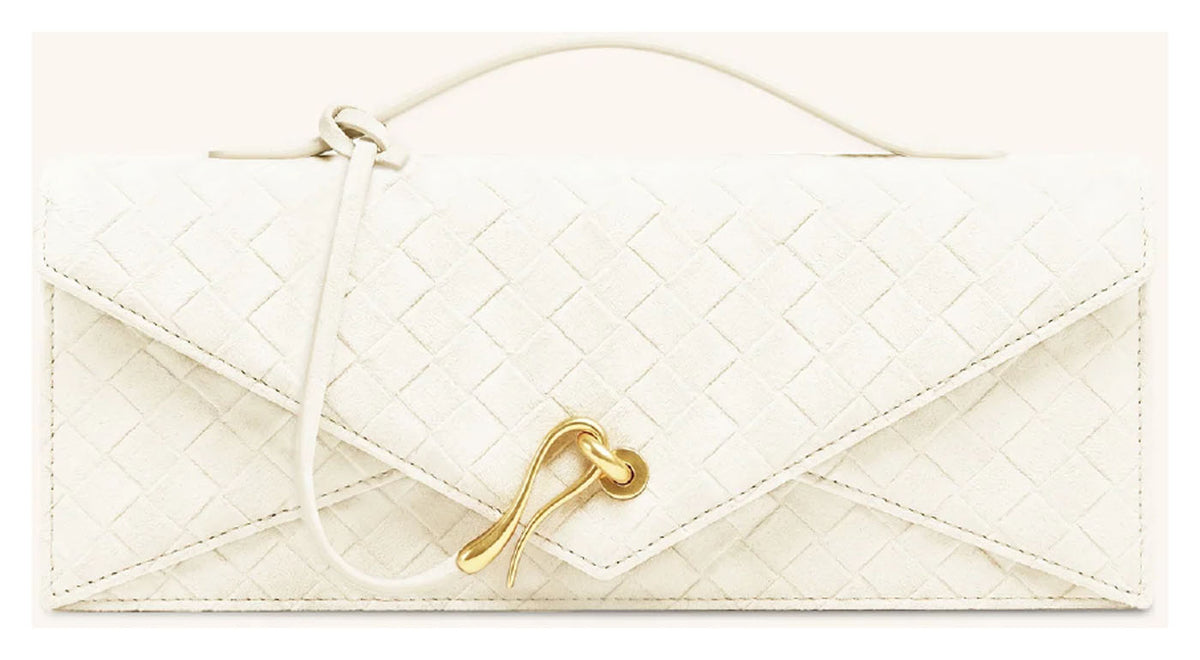 JW Pei Celeste ivory woven envelope top handle bag with textured faux suede finish and gold-tone closure, front view. 
