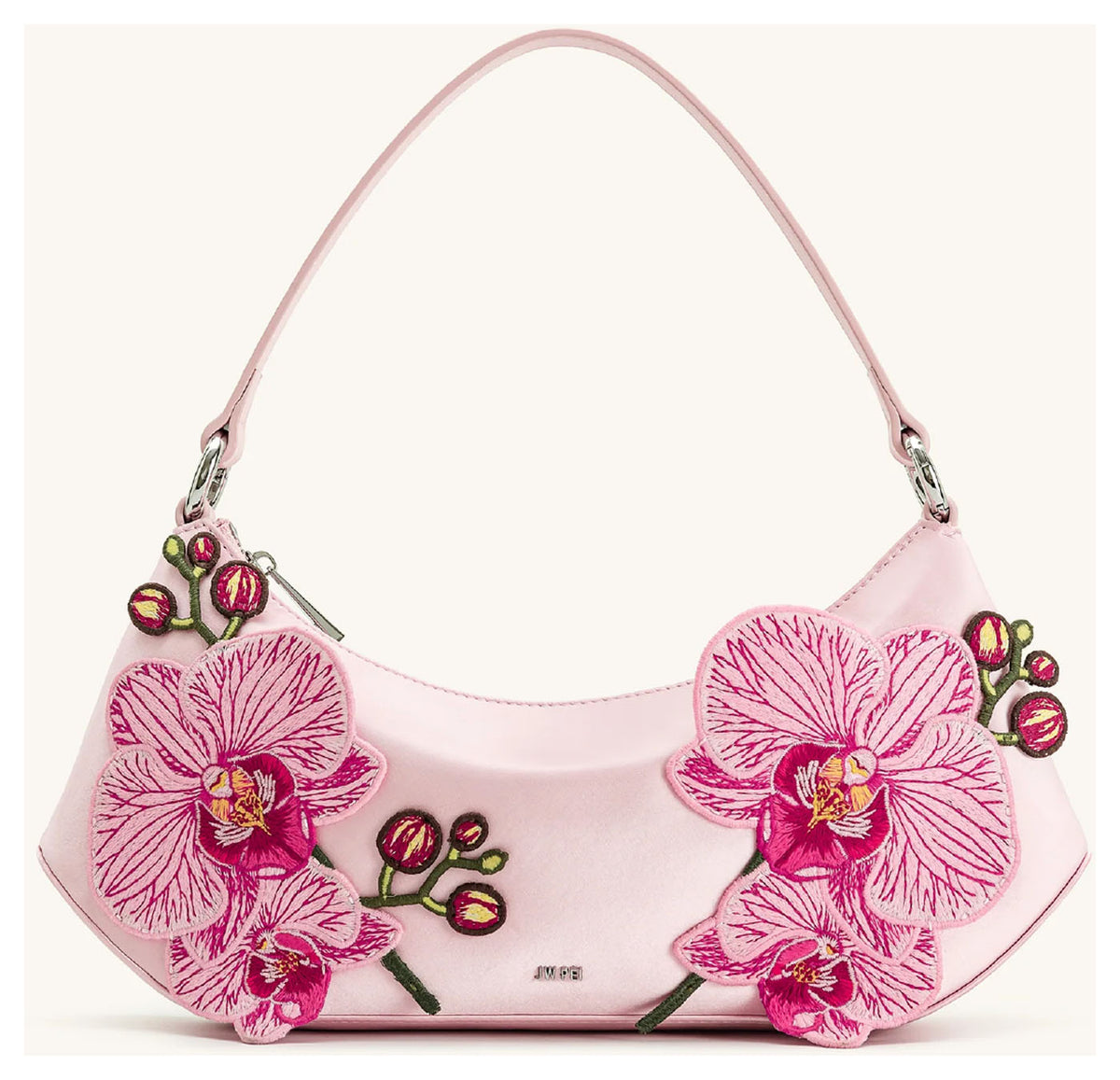 JW Pei Lily pink shoulder bag with oversized orchid embroidery and silver-tone hardware, front view. 
