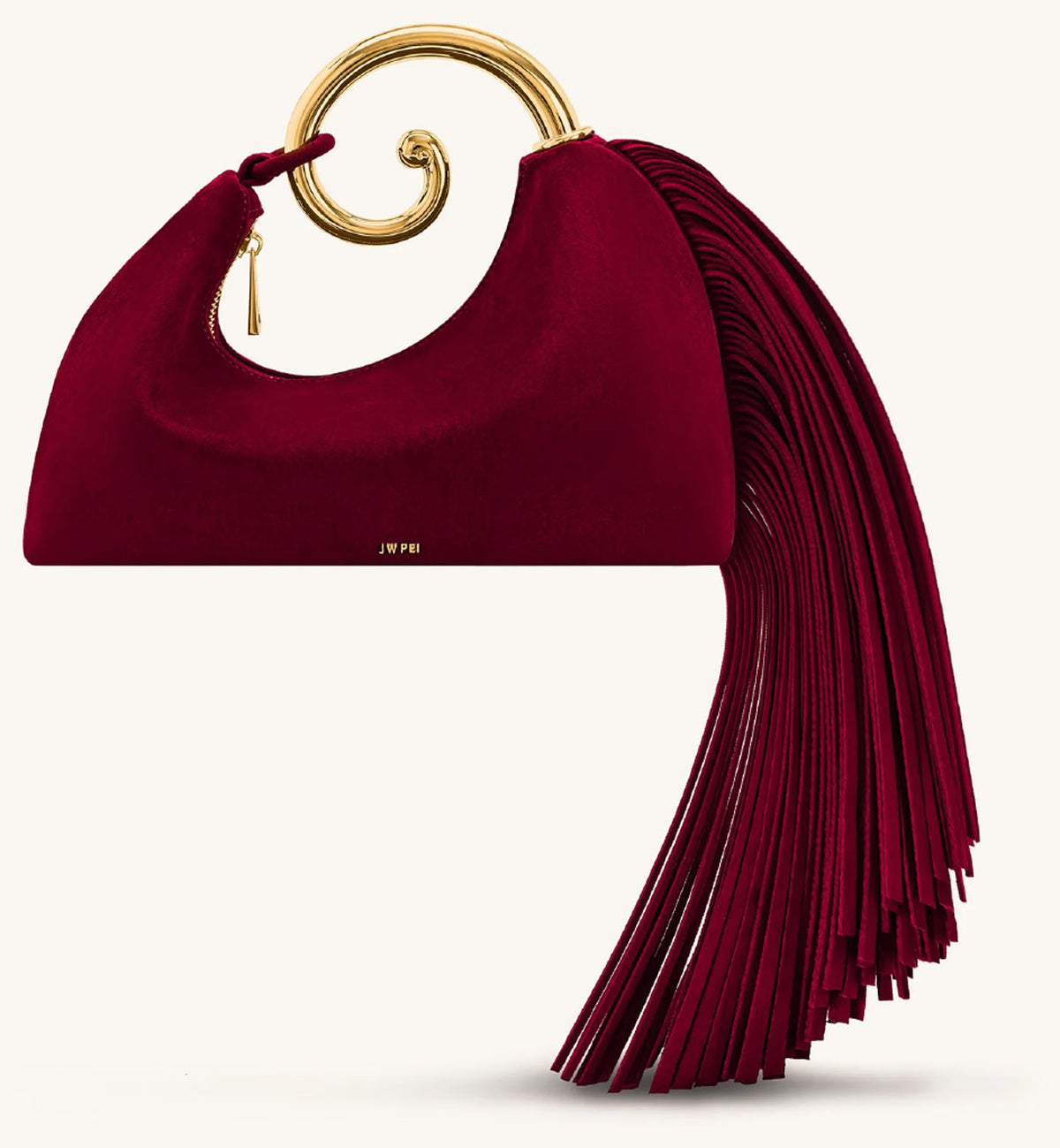 JW Pei Nell burgundy suede top handle bag with oversized fringe and sculptural gold-tone handle, front view. 
