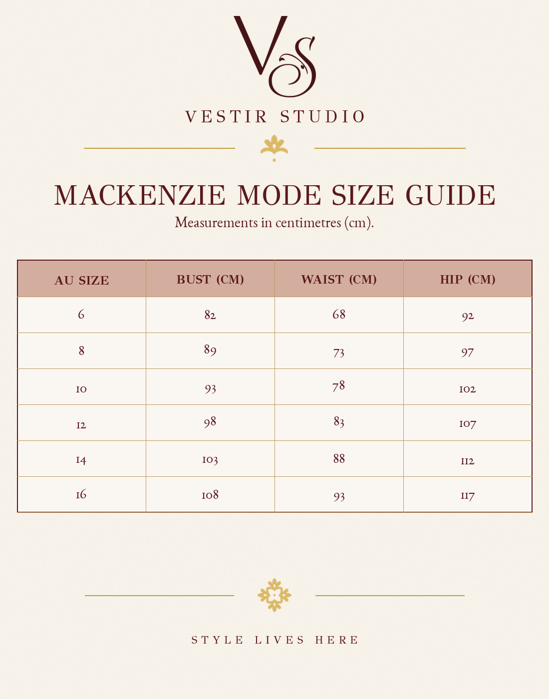 Mackenzie Mode women’s size guide showing AU sizes 6 to 16 with bust, waist and hip measurements in centimetres.
