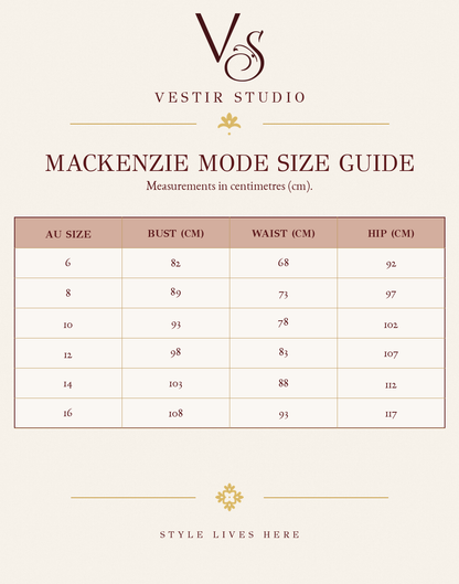 Mackenzie Mode women’s size guide showing AU sizes 6 to 16 with bust, waist and hip measurements in centimetres.
