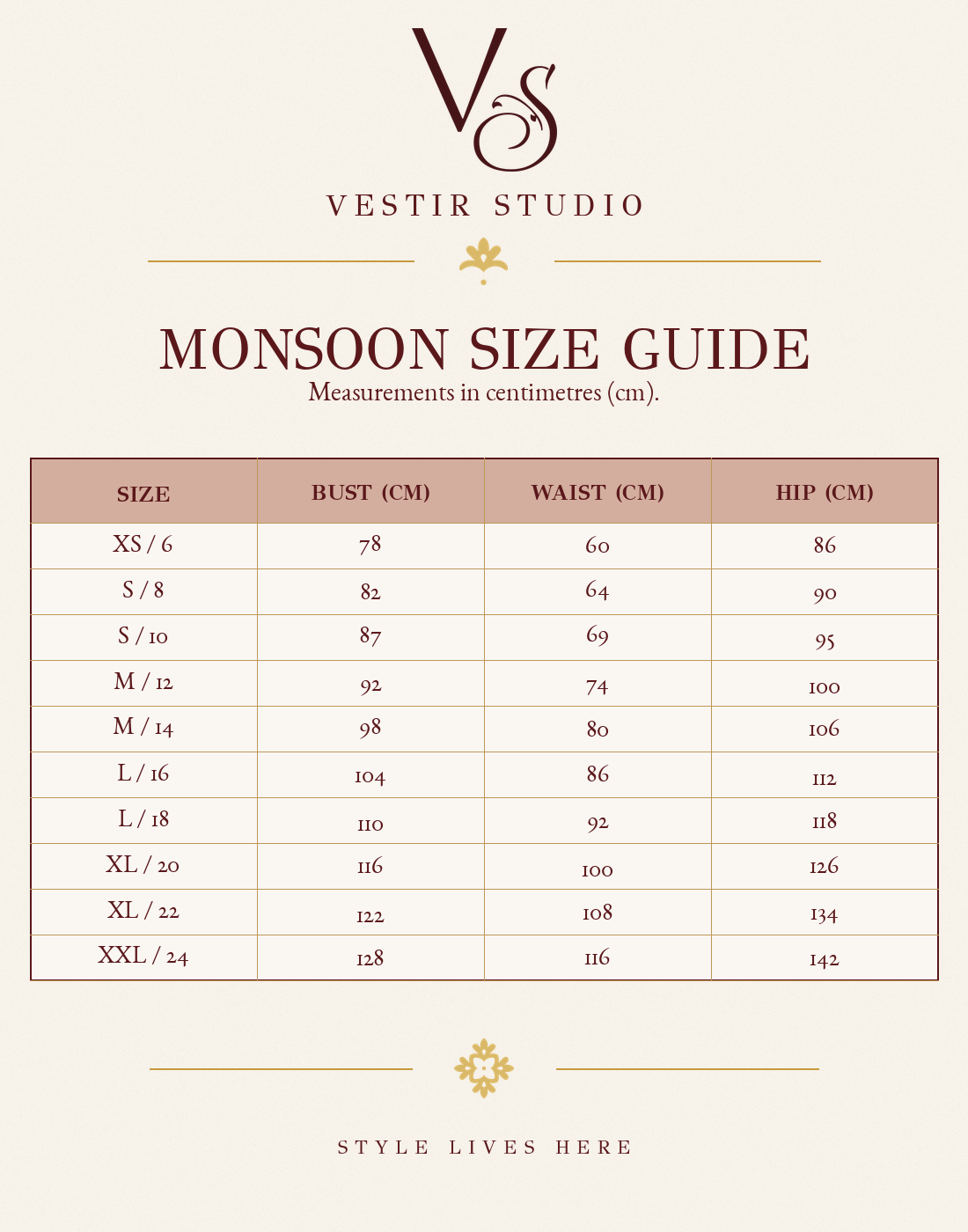 Monsoon women’s size guide showing sizes XS/6 to XXL/24 with bust, waist and hip measurements in centimetres.
