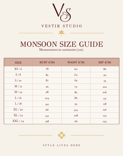 Monsoon women’s size guide showing sizes XS/6 to XXL/24 with bust, waist and hip measurements in centimetres.
