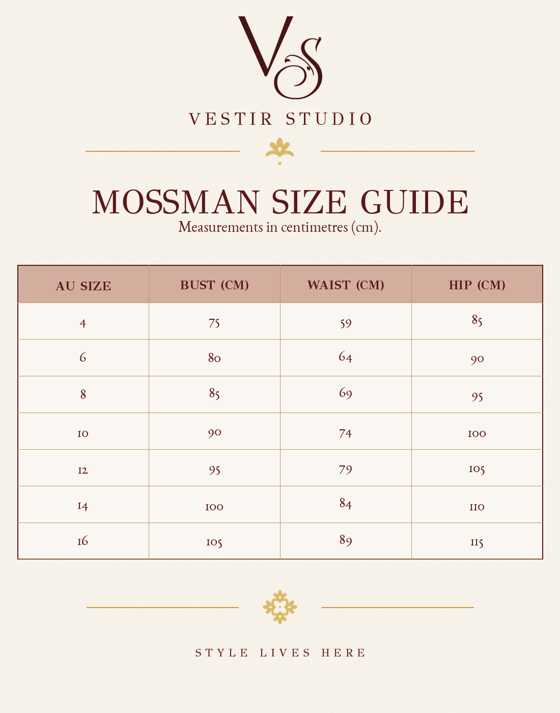 Mossman women’s size guide showing AU sizes 4 to 16 with bust, waist and hip measurements in centimetres.
