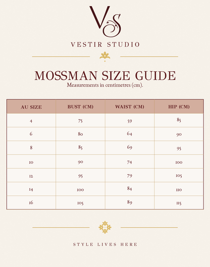 Mossman women’s size guide showing AU sizes 4 to 16 with bust, waist and hip measurements in centimetres.
