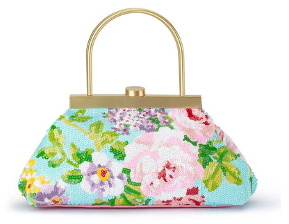 Olga Berg Audrey floral sequin top handle bag with multicolour flower design and gold-tone frame, front view. 
