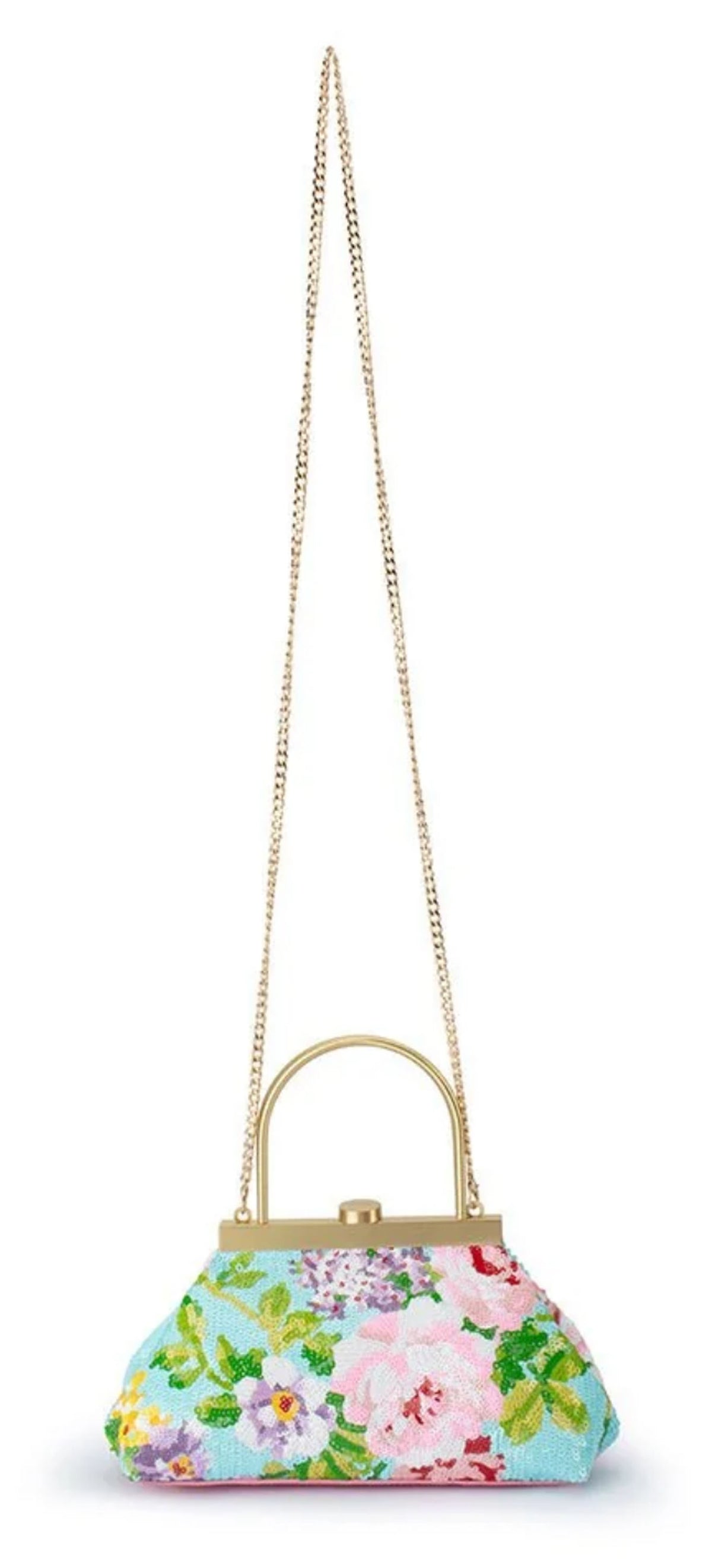 Olga Berg Audrey floral sequin top handle bag with long gold-tone chain strap, front view. 
