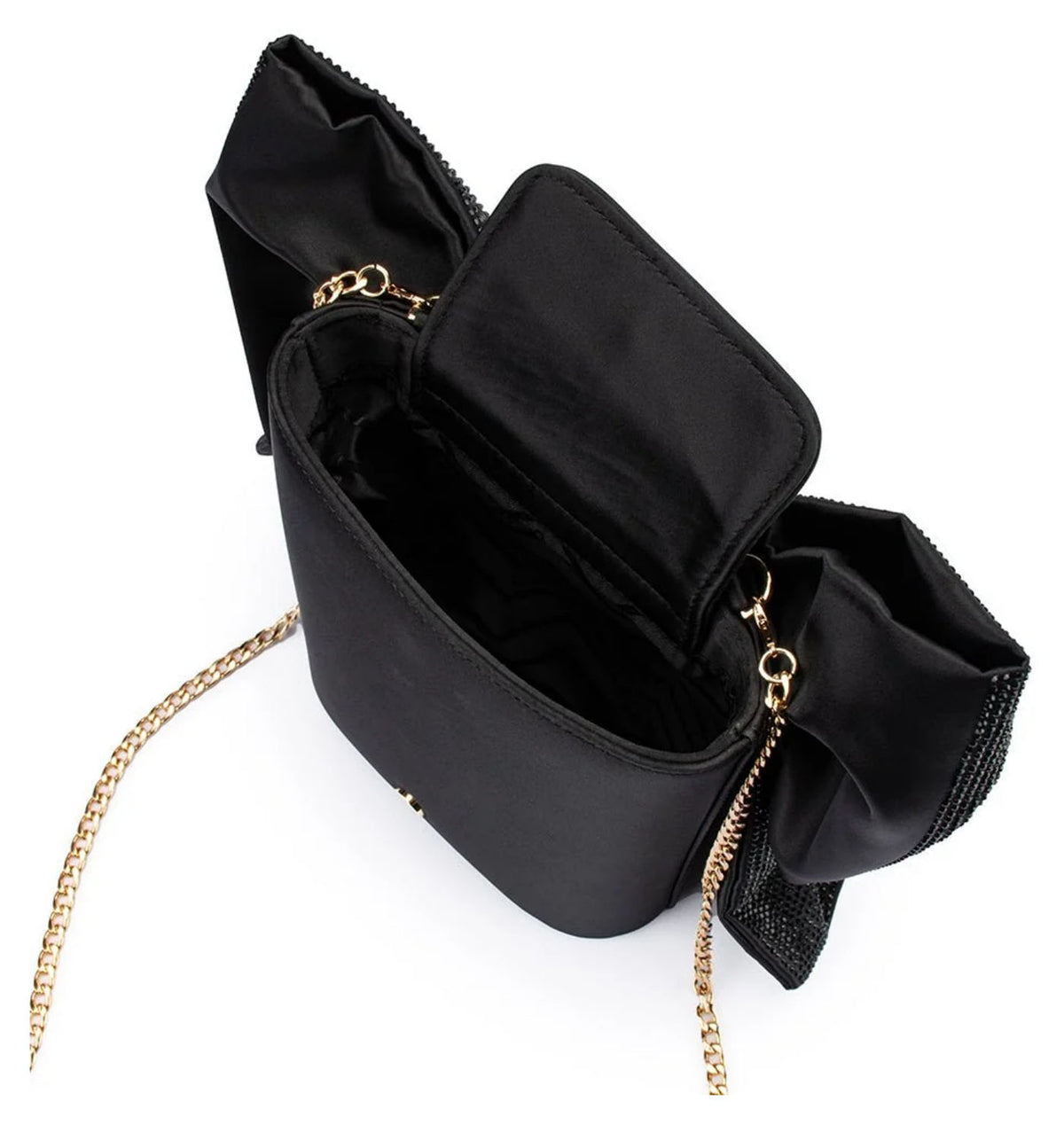 Olga Berg Drew black crystal bow bag showing the satin-look back and gold-tone chain strap. 
