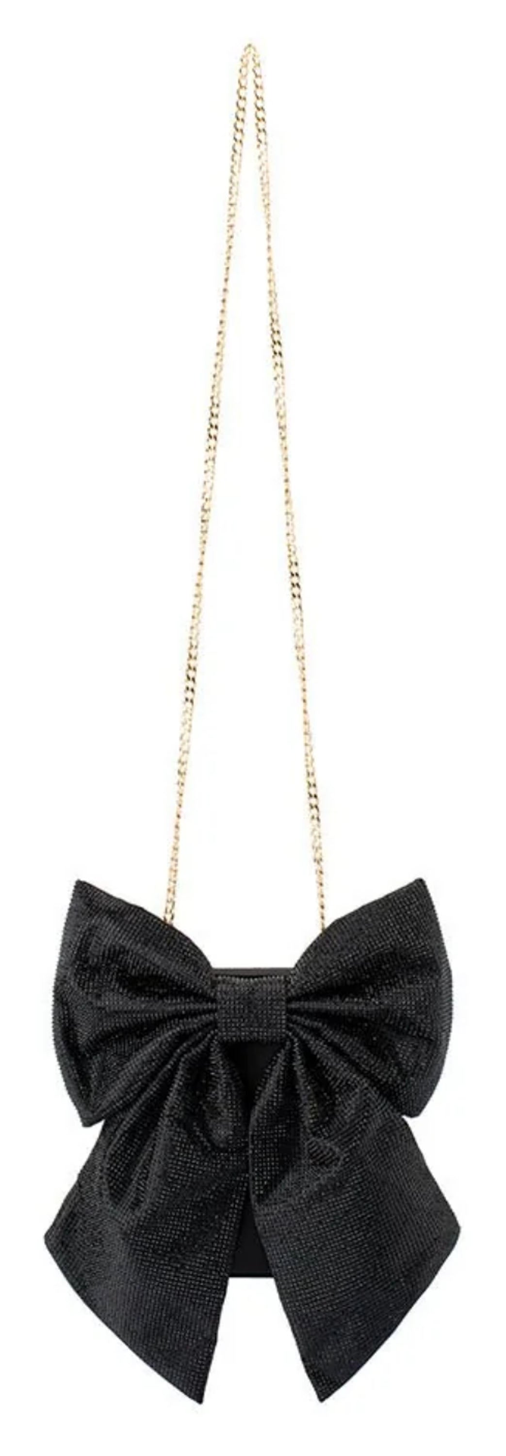 Olga Berg Drew black crystal bow bag with oversized embellished bow and short gold-tone chain handle, front view. 
