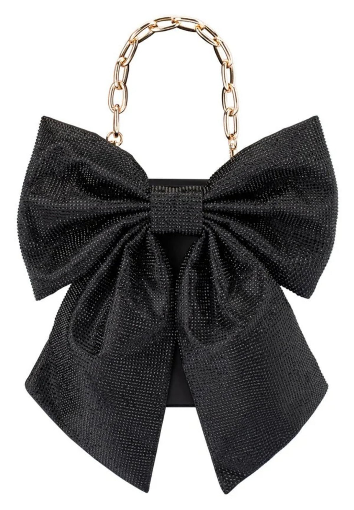 Olga Berg Drew black crystal bow bag with oversized crystal bow and long gold-tone chain strap, front view. 
