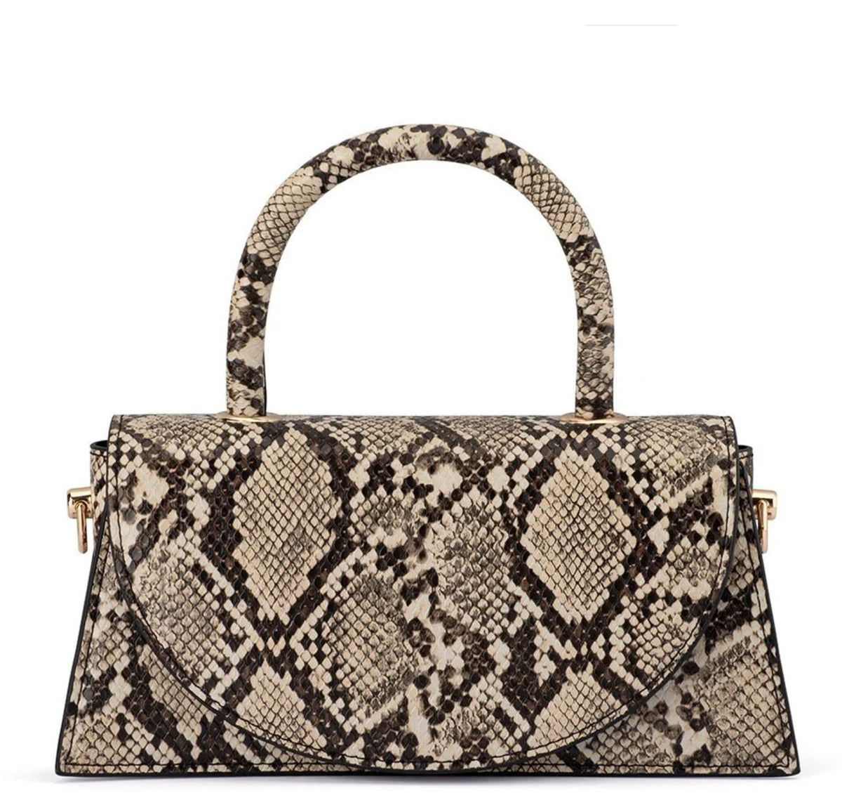 Olga Berg Kendall snake print top handle croc bag with structured silhouette and gold-tone hardware, front view. 
