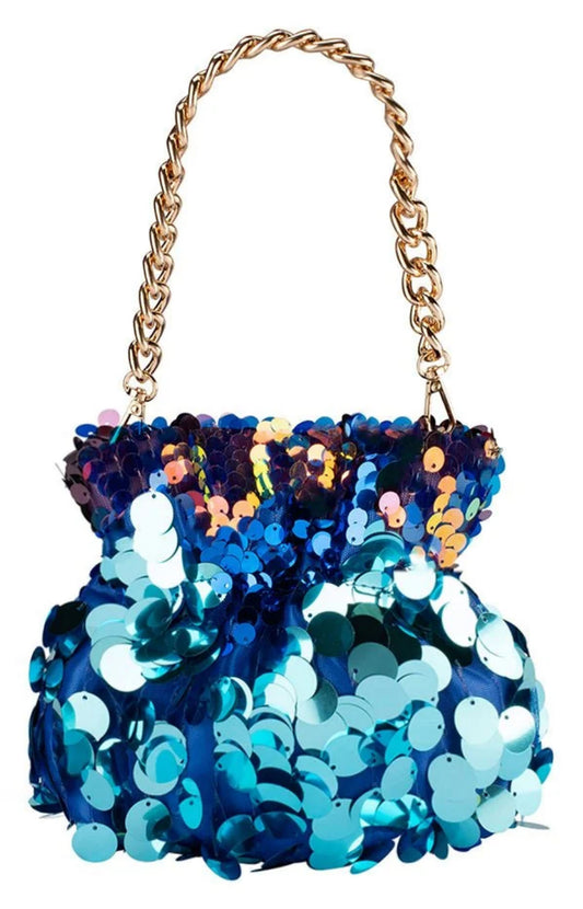 Olga Berg Pedro blue sequin pouch with oversized iridescent sequins and gold-tone chain handle, front view. 
