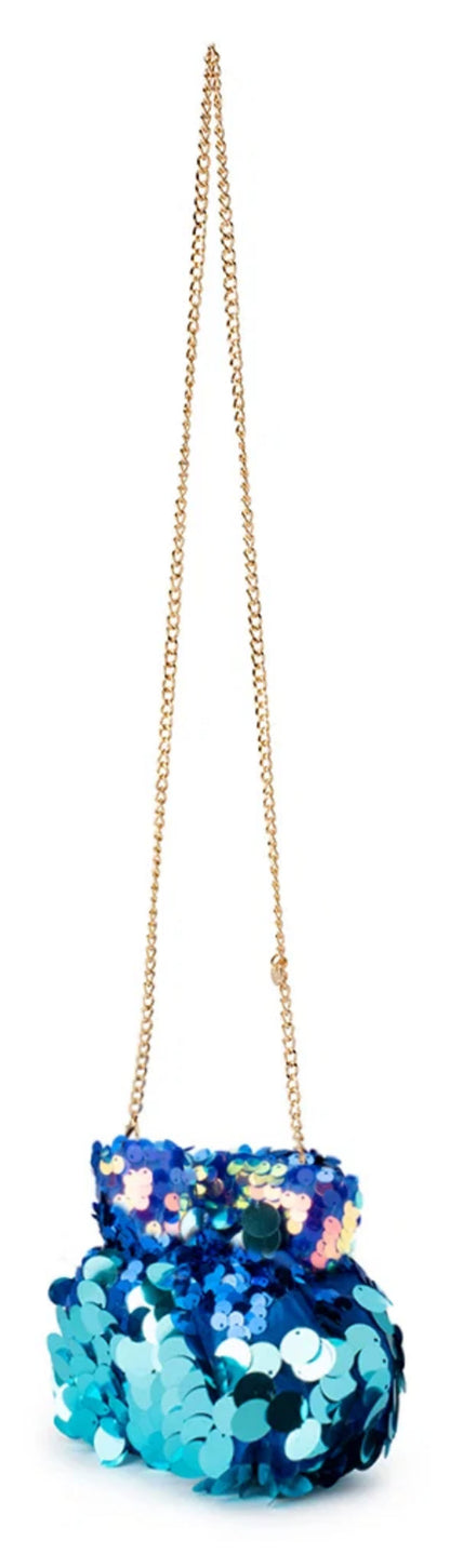 Olga Berg Pedro blue sequin pouch with long gold-tone chain strap, angled view. 
