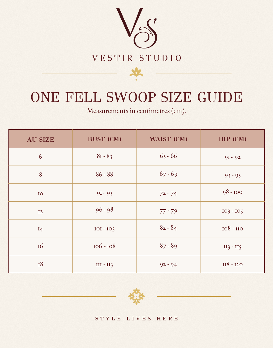 One Fell Swoop women’s size guide showing AU sizes 6 to 18 with bust, waist and hip measurements in centimetres.
