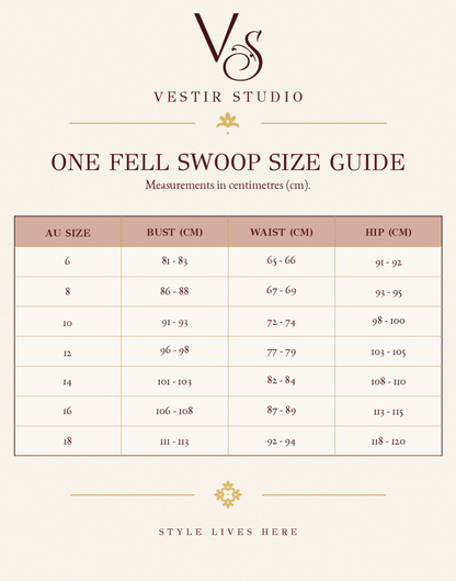 One Fell Swoop women’s size guide showing AU sizes 6 to 18 with bust, waist and hip measurements in centimetres.

