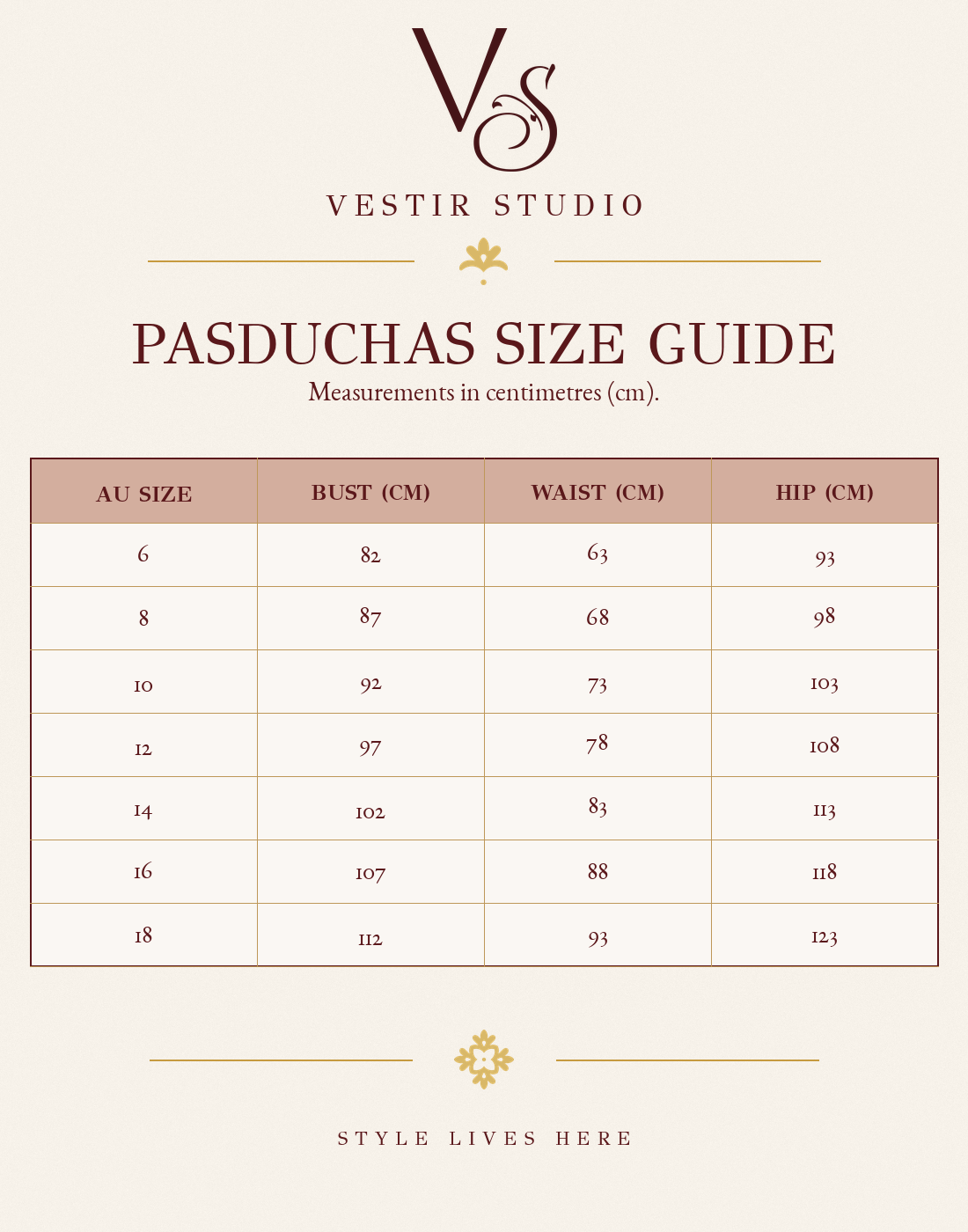Pasduchas women’s size guide showing bust, waist and hip body measurements in centimetres for sizes 6 to 18.
