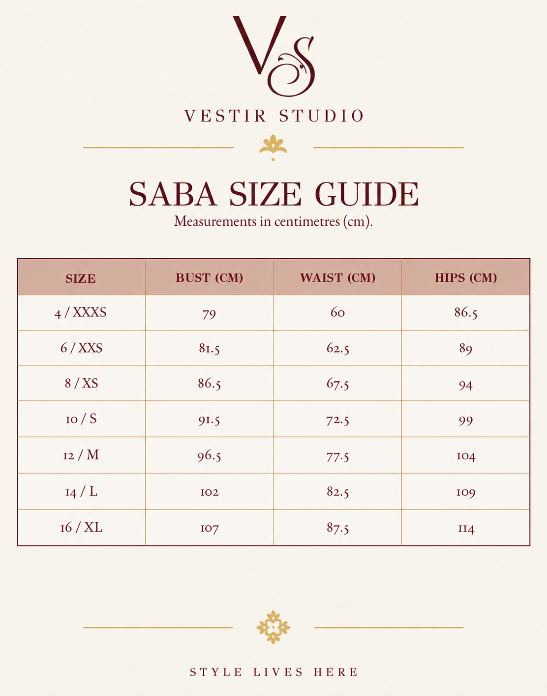 SABA women’s size guide showing sizes 4/XXXS to 16/XL with bust, waist and hip measurements in centimetres.
