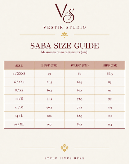 SABA women’s size guide showing sizes 4/XXXS to 16/XL with bust, waist and hip measurements in centimetres.
