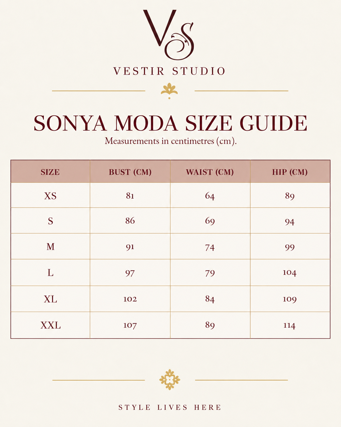 Sonya Moda women’s size guide showing sizes XS to XXL with bust, waist and hip measurements in centimetres.
